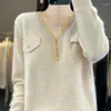 Kvinnors tröjor Merino Wool Sweater Autumn Winter V-Neck Långärmning Pullover Korean Fashion Casual Sticked Cashmere Top Female