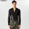 Mężczyzn Sleepar 2023 MĘŻCZYZN BODYSUITS MESH Patchwork V Neck Streetwear Długie rękawie Męskie Rompers Zamek Przezroczysty mody T -Shirt Bodysuit Incerun 231016