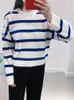 Women's Sweaters Women Sweater 2023 Spring Autumn Navy Blue Striped Button Embellished Pullover Loose Knit Top