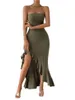 Casual jurken Dames gebreide mouwloze lange jurk Elegante effen kleur Strapless Off-shoulder Ruche zoom Cocktailparty met hoge split