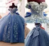 Dusty Blue 2022 robe de bal Quinceanera robes dentelle appliquée sur l'épaule perlée robes de bal balayage train Tulle doux 15 Masquer8403772