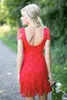 2023 Cheap Bridesmaid Dresses Country Jewel Neck Red Knee Length Short Sleeve Full Lace A Line Plus Size Backless Formal Maid of Honor Gowns