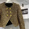Женские куртки 2023, осеннее золотое твидовое пальто с металлической пряжкой, яркие шелковые меховые манжеты со скошенным краем, короткие шикарные пальто, укороченная куртка Femme