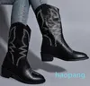 Embroidered Brown Western Leather Slip-On Mid Calf Cowgirl Woman Thick Heeled Pointed Toe High Tube Booties