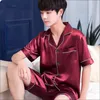 Pijamas masculinos de 2 peças conjuntos de pijamas sólidos pijamas de seda falsa cetim pijamas masculinos pijamas de manga curta lapela camisa shorts ternos homewear 231016