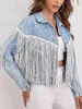 Giacche da donna Giacca corta da donna in jeans Casual abbottonata in denim strappato con nappa con strass Capispalla autunnale