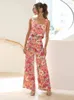 Women's Two Piece Pants Pink Printed Top Suit Women Sleeveless Square Collar Vest High Waist Flare Pant Suits Female 2023 Summer Elegant Set