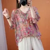 Etniska kläder 2023 Kinesisk blus National Flower Print Vintage Loose Retro Service V-Neck Hanfu Feminino Streetwear