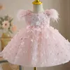 Bruiloftsfeest bloem meisje jurk bal jurk kinderen optocht veer kristallen vlinder Appliques 3d florals kleine baby roze big boog kind verjaardag bruid vestidos de