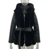 Manteau en fausse fourrure pour femmes, ceinture à capuche, veste solide à fermeture éclair, vêtements pour femmes, 2023