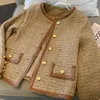 Damen Jacken Herbst Französisch Vintage Einreiher Tweed Kurzjacke Frauen Temperament Leder Oneck Einreiher Oberbekleidung 231016