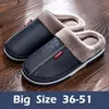 Slippers Big Size 50 51 Men's PU Leather Slippers Couples Indoor Waterproof Furry Flats Winter Warm Plush Shoe Women Non Slip Home Slides 231013