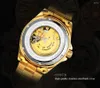 リストウォッチゴールドブラックメカニカルウォッチ自動自己粘土質ステンレススチールストラップスケルトンウォッチメンクリスタルスターダイヤルファッション腕時計