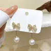 Dangle Earrings Korean Fashion Rhinestone Metal Bowknot Pearl Pendant 2023 Trend Bow Pearls Drop for Women Girls Teens Teens Jewelry263D