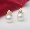 Stud Earrings White Pearl Seawater Ear Hook 18K Gold High Heels Extremely Bright Round Beads CAE54