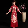 Etniska kläder Kinesiska traditionella broderier Phoenix Women Bride Wedding Dress Satin Vintage Cheongsam Oriental Classic Tang Suit Vestidos