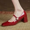 Dress Shoes Pearl Patent Leather High Heels Mary Janes Woman Spring Elegant Square Toe Women's Pumps Red Office Ladies
