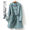 Trench-Coat en cuir véritable bleu pour femmes, Double boutonnage, ceinture à lacets, vêtements d'extérieur en peau de mouton, col montant, 2023