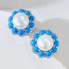 Pendientes colgantes 2023 con incrustaciones de turquesa azul, pendientes de perlas de 12mm, cuerpo completo, Clip elegante de moda de plata 925