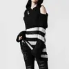 Women's Sweaters Goth Dark Color Blcok Striped Mall Gothic Sweater Dresses Open Shoulder Frayed Hooded Knitted Tops Women Grunge Loose