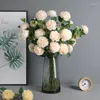 Fleurs décoratives Bouquet artificiel 65CM avec 3 têtes de pivoine et feuilles vertes pour décoration de mariage rustique