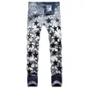 Jeans masculinos leopardo estrela bordado outono inverno fino ajuste estiramento rasgado buraco denim calças estilo punk streetwear 28-42