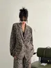 Women's Two Piece Pants Women Blazer Set Leopard Print Loose Long Jacket Female Oversize High Waist Wide Leg 2023