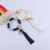 Keychains Fashion Wristlet Bracelet Keychain Food Grade Silicone Wood Beaded Keyring Women Girl Lobster Clasp Tassel Accessories