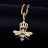 Animal Crown Bee Necklace & Pendants Gold Silver Color Iced Cubic Zircon Men's Hip hop Jewelry With Tennis Chain236t