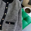 Women's Jackets Contrast Color Crew Neck Gold Button Up Tweed Jacket Long Sleeve Elegant Coat