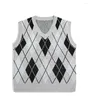 Men's Vests Sweater Vest Men Spring V-neck Japanese Vintage Argyle College Knitted Fashion Loose All-match Sleeveless Simple Clothing A02