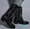 Embroidered Brown Western Leather Slip-On Mid Calf Cowgirl Woman Thick Heeled Pointed Toe High Tube Booties