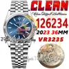 Clean CF 126234 VR3235 Montre automatique unisexe pour homme et femme, cadran bleu cannelé de 36 mm, marqueurs de bâton, bracelet en acier jubilé 904L, super édition eternitywatches