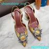 Sandalen Sandalen Schoenen met hak Nette schoen Luxe designer satijn Hoog Amina Muaddi Strik Met kristallen verfraaide gesp Puntige neus Zonnebloem PVC sandaal