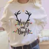 Sonbahar Kış Kış Kadınları Beyaz Uzun Kollu Tişört Gevşek Noel Desen Baskılı Yuvarlak Boyun Sweatshirt Bayanlar Günlük