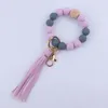 Keychains Fashion Wristlet Bracelet Keychain Food Grade Silicone Wood Beaded Keyring Women Girl Lobster Clasp Tassel Accessories