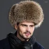 Berretti Cappelli di pelliccia da uomo Real Raccoon Lei Feng Cap per bomber russo in argento naturale con top in pelle Cappello invernale caldo