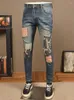 Jeans pour hommes Mode Rayé Lettre Patchwork Hommes Casual Bleu Slim Fit Pantalon Droit Streetwear Patchs Denim Pantalon