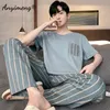 Masculino sleepwear verão malha algodão pijamas conjunto para homens moda homem manga curta xadrez calças sleepwear plus size 4xl pijamas para menino 231016