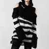 Women's Sweaters Goth Dark Color Blcok Striped Mall Gothic Sweater Dresses Open Shoulder Frayed Hooded Knitted Tops Women Grunge Loose