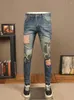 Jeans pour hommes Mode Rayé Lettre Patchwork Hommes Casual Bleu Slim Fit Pantalon Droit Streetwear Patchs Denim Pantalon