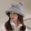 Berets Cute Bear Ear Plush Hat Winter Bucket Warm Fur Protection Knitted Bomber Cap Bonnets Korea Women Gorros Caps