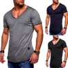 Nieuwe Mode Mannen Zomer t-shirt V-hals Casual Top High Street Effen Kleur Stijlvolle Katoenen Top Spier Man T-shirt224O