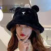 Berets Cute Bear Ear Plush Hat Winter Bucket Warm Fur Protection Knitted Bomber Cap Bonnets Korea Women Gorros Caps