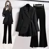 Women's Two Piece Pants Casual Blazer Jacket Matching Set Korean Elegant Spring Autumn Chic Suit Coat Split Black Two-piece Female Clothes