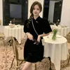 Vêtements ethniques Rétro Style chinois Sens avancé Amélioré Cheongsam Robe en velours noir Été Jupe à manches courtes Femme