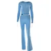 Survêtements pour femmes Solide Tricoté 2 Pièces Ensemble Survêtement Fermeture Éclair Manches Longues Pull À Capuche Vestes Haut Court Pantalon Flare Costume Assorti Extensible 231016