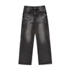 Men's Jeans MRNEARLY's Vintage Washed Design Feels Straight Denim Wide Leg Pants American High Street Black