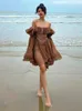 Casual Dresses 2023 Elegant Chiffon Corset Dress Brown Flare Long Sleeve Mini Vacation Short Party Ruffles Slash Neck Outfit