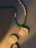 Pendant Necklaces African Jade Green Paneled Pearl Gold Coin Necklace Light Luxury Niche Collarbone Chain